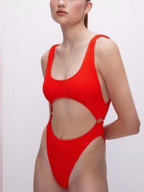 Good American Always Fits (Size 1/2) Red Bright Poppy Cutout One-Piece Swimsuit